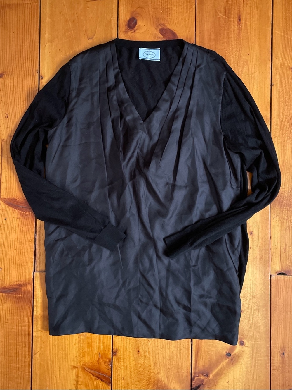 Prada Black V-Neck Pleated Front Sweater AS IS damaged/for repair/parts